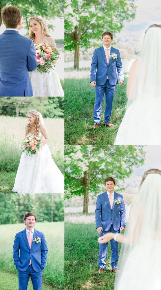 summer wedding bouquet with coral and pink flowers and a lace gown