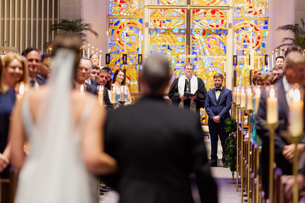 First look at the aisle with Chattanooga Westin wedding with lace gown from ever after bridal and chattanooga photographer Daisy Moffatt photography 