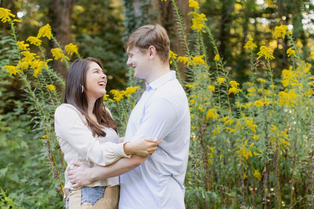 Fall time Signal Mountain engagements in tall yellow flowers by Chattanooga photographer Daisy Moffatt